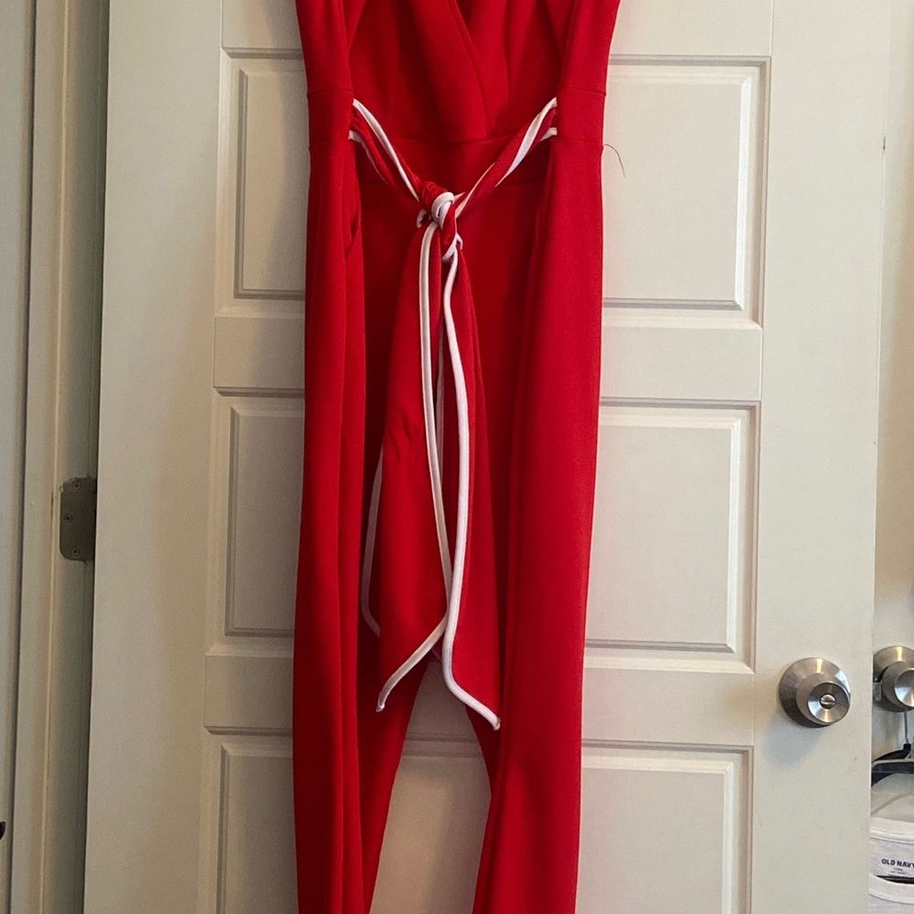 Elegant Red Jumpsuit with White Accents
